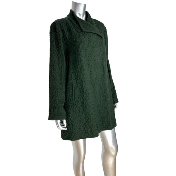 Eileen Fisher Waffle Dark Green Wool Blend Coat With Asymmetric Collar L - Picture 5 of 8